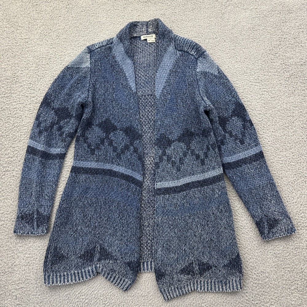 Orvis Cardigan Sweater Blue Geometric Knit Shawl Collar Cottagecore Women Medium